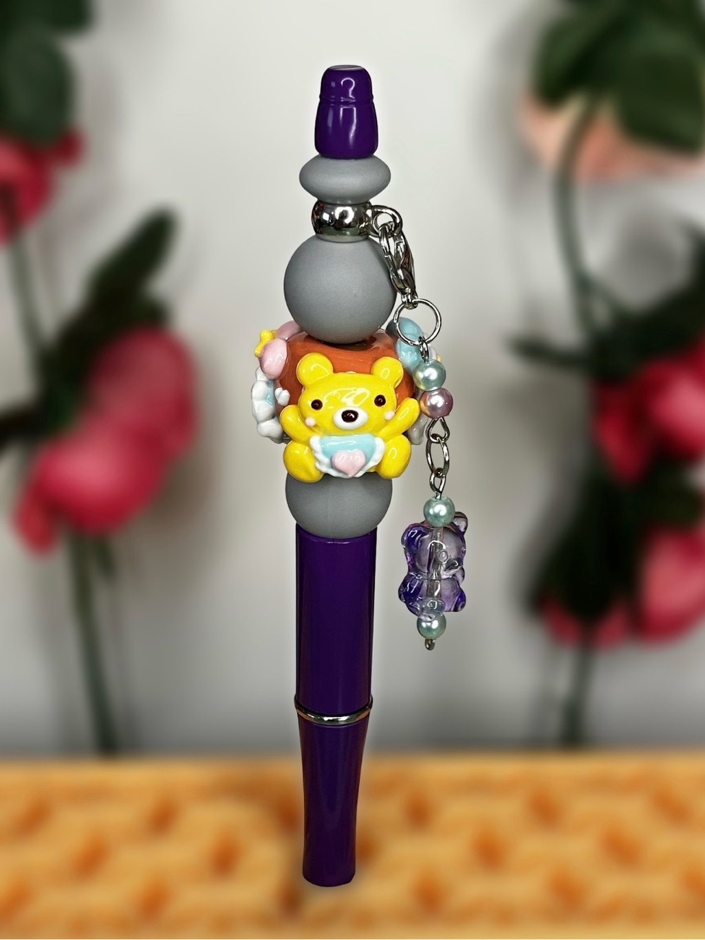 Handpainted Kawaii Beaded Pen With Handmade Bear Charm Dangle